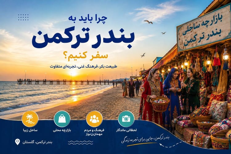 غروب آفتاب در ساحل بندرترکمن با اسکله چوبی و بازارچه ساحلی در پس‌زمینه